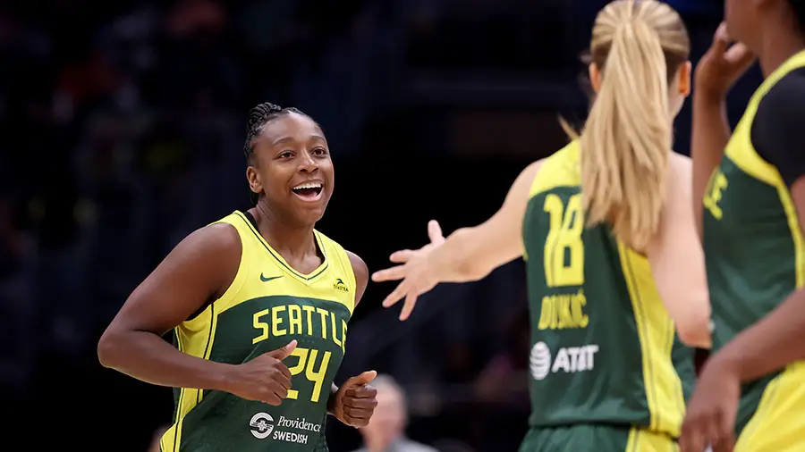 SEATTLE, WASHINGTON - JUNE 24: Jewell Loyd #24 of the Seattle Storm reacts during the third quarter against the Phoenix Mercury at Climate Pledge Arena on June 24, 2023 in Seattle, Washington. (Photo by Steph Chambers/Getty Images)